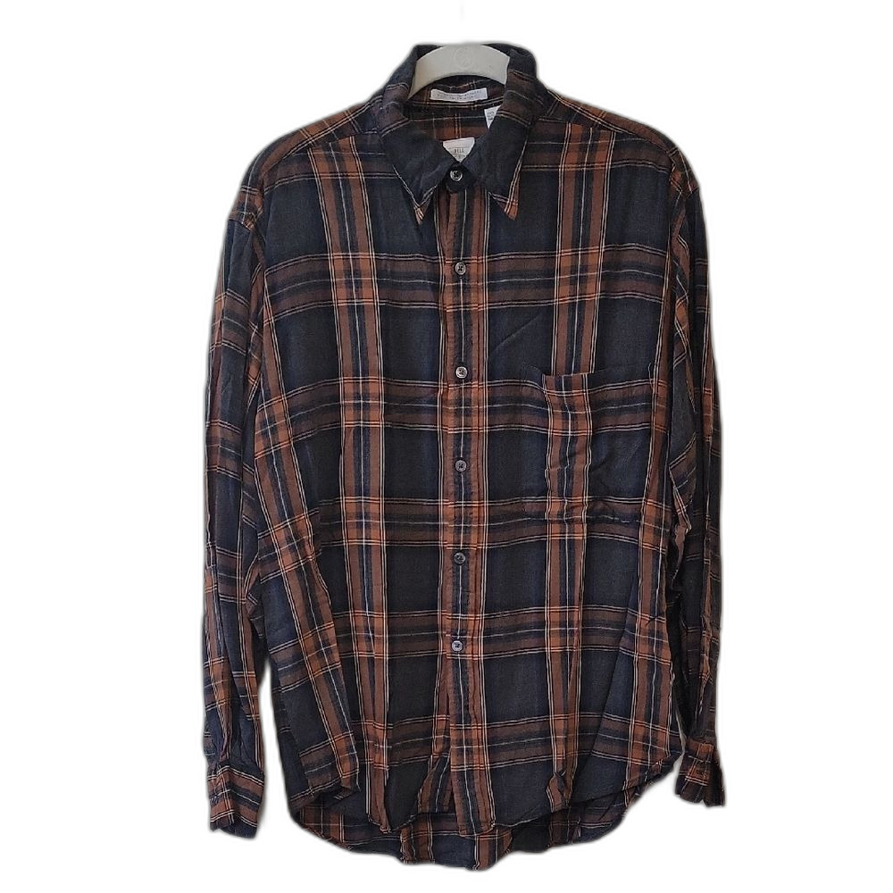 Bill Robinson Vintage Rayon Plaid Button Down Shirt Black Brown Size M VTG